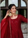 Red Designer Anarkali Suit In Georgette With Lucknowi Chikankari Embroidery Work