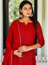 Red Lucknowi Chikankari Work Georgette Kurti Pant Set With Dupatta