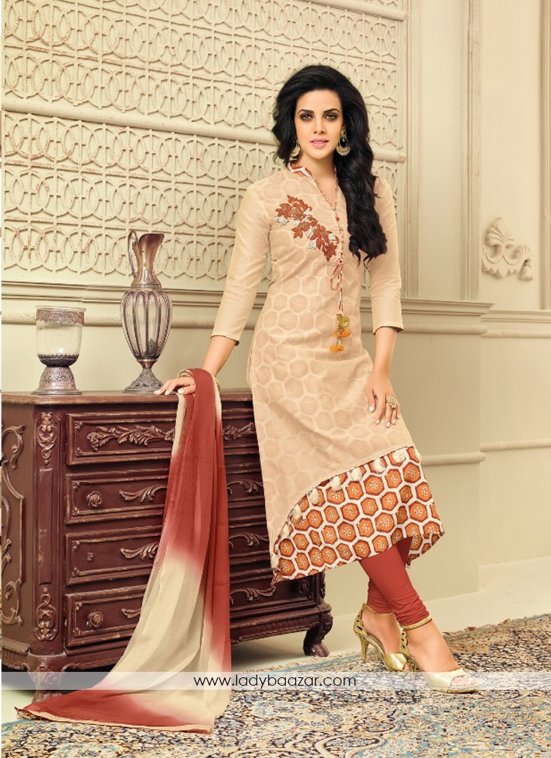 Absorbing Cream Chanderi Silk Embroidery With Printed Churidar Suit