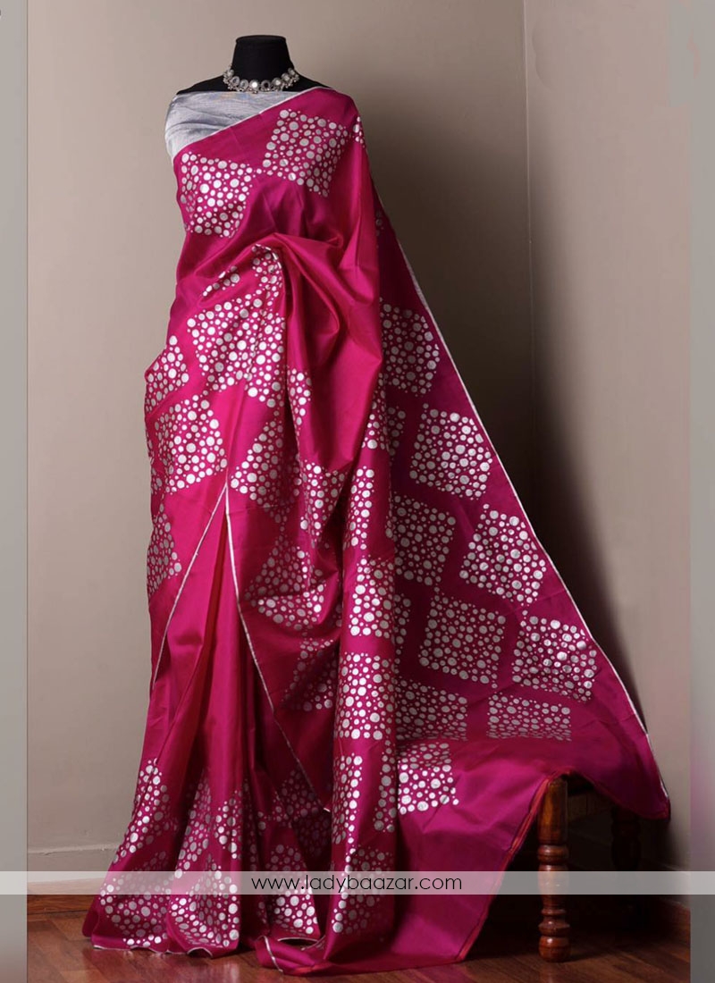 Abstract Digital Print Satin Silk Traditional Saree In Pink