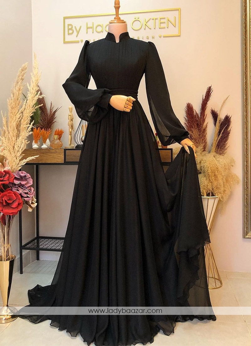 Adorable Black Faux Georgette Floor Length Flared Pleated Designer Gown