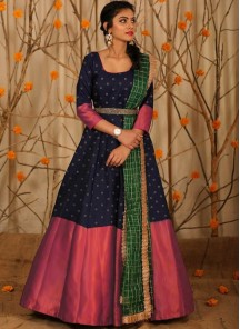 Adorable Designer Wear Blue Satin Silk Anarkali Gown With Silk Chanderi Dupatta