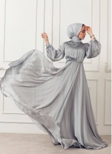 Adorable Light Grey Georgette Silk Long Ready Made Designer Gown With Pleated Stitch Work On Top