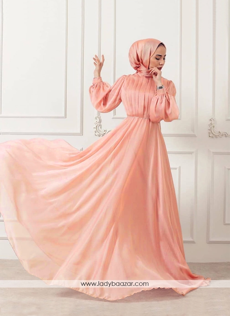 Adorable Light Peach Georgette Silk Long Ready Made Designer Gown With Pleated Stitch Work On Top