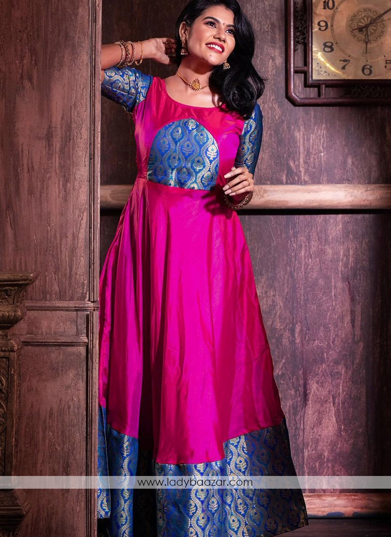 Captivating Magenta Colored Festive Wear Weaving Jacquard Silk Gown