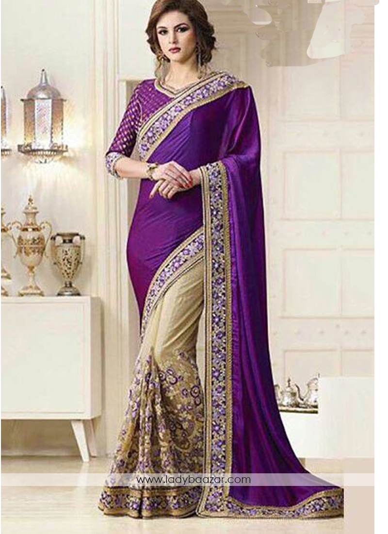 Aesthetic Lace Work Purple With Cream Half N Half Designer Saree