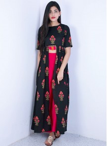 Affectionate Black With Pink Reyon Printed Indo Western Wear