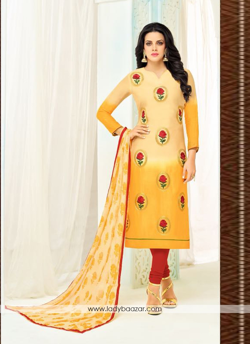 Affectionate Yellow Chanderi Printed Churidar Salwar Kameez