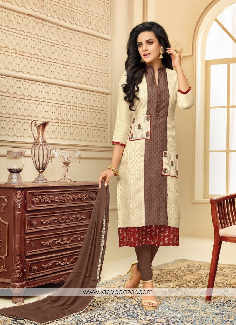 Alluring Cream Chanderi Printed Salwar Suit