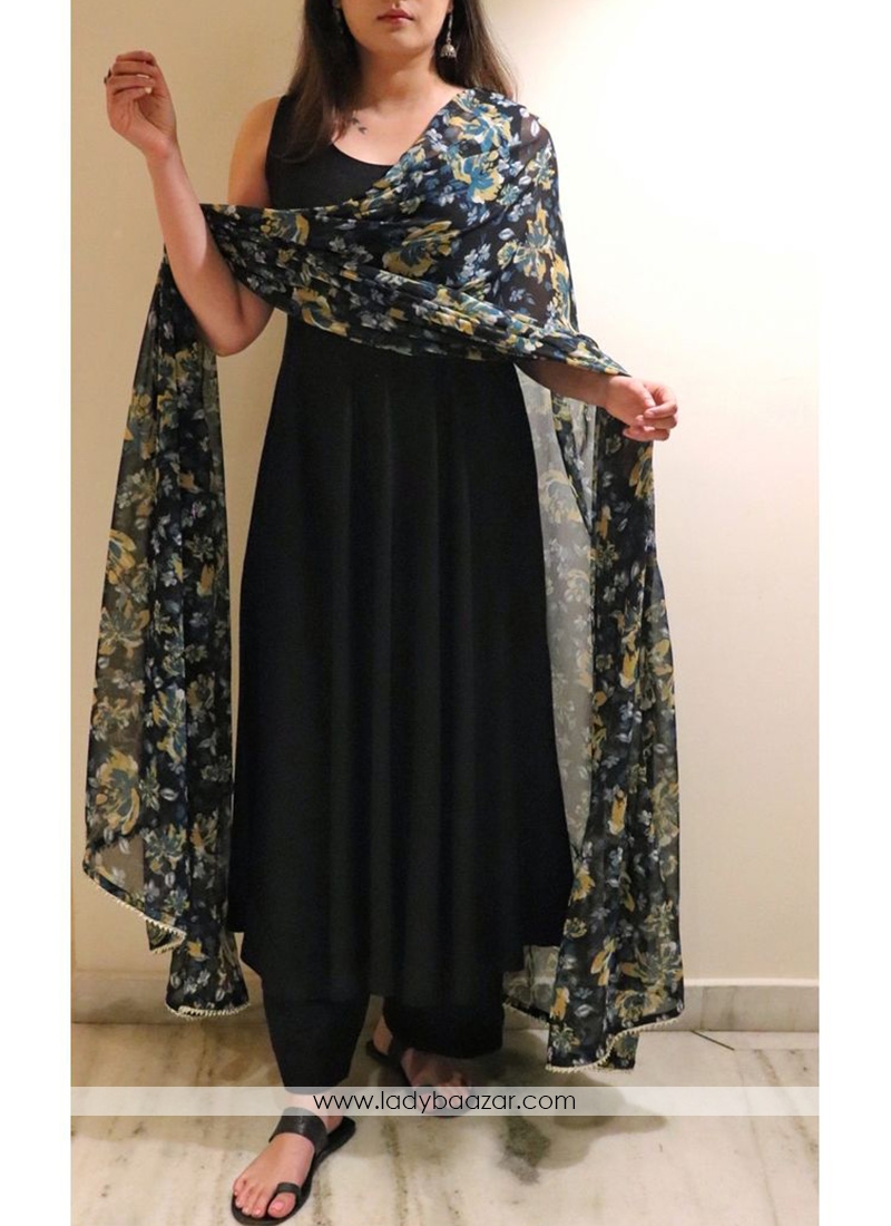 Amazing Black Colored Plazzo Set Along With Digital Printed Chiffon Dupatta