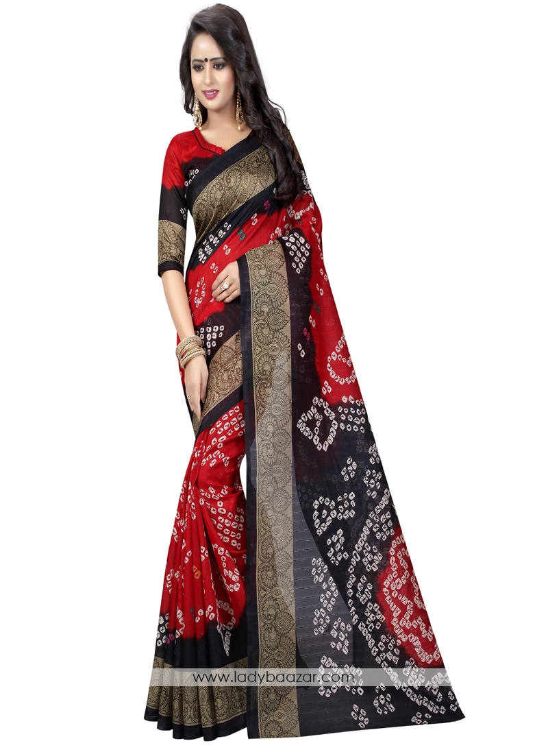 Amusing Bhagalpuri Silk Red With Blue Print Work Casual Saree