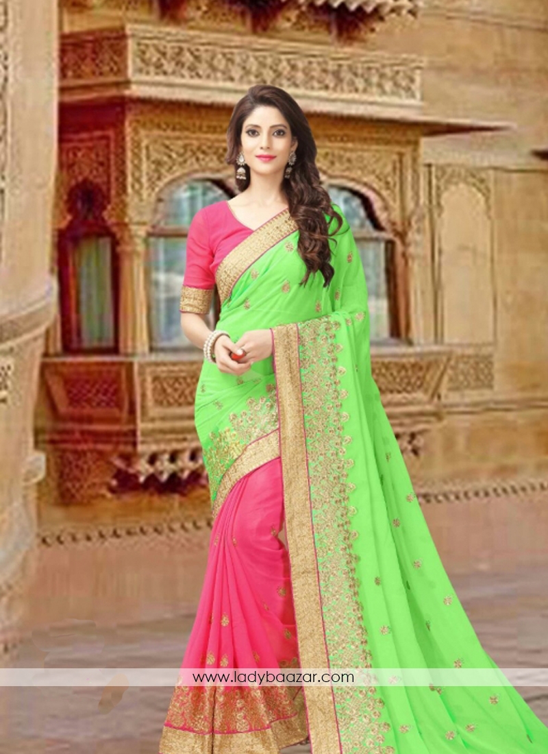 Amusing Parrot green With Pink Embroidery Work Georgette Half N Half Saree