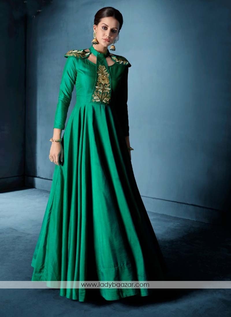 Angelic Embroidered Green Morvi Silk Floor Length Anarkali Suit