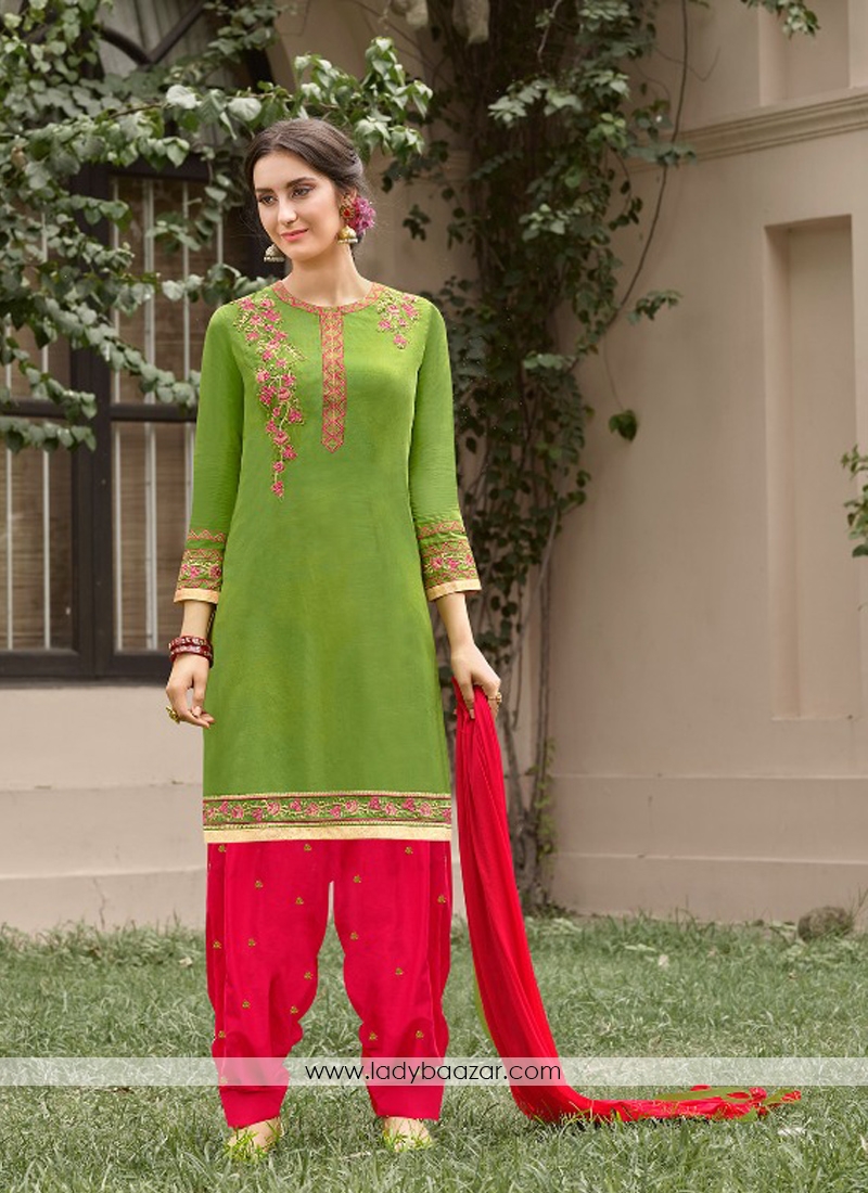 Angelic Green With Red Cotton Embroidery Work Patiyala Suit