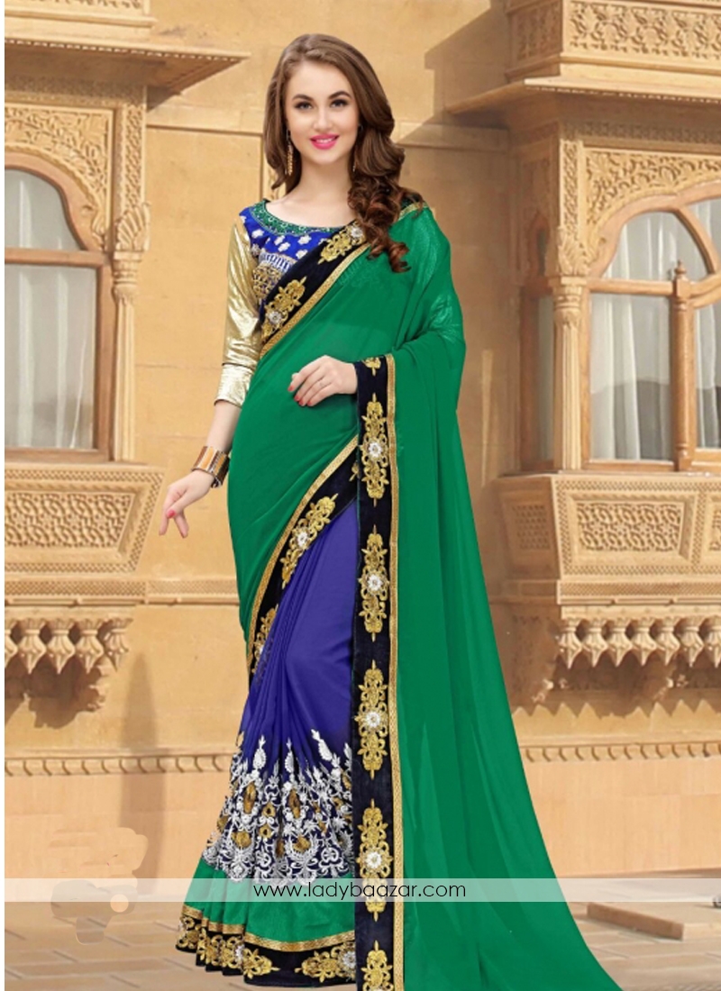 Aristocratic Green With Blue Embroidery Work Designer Saree