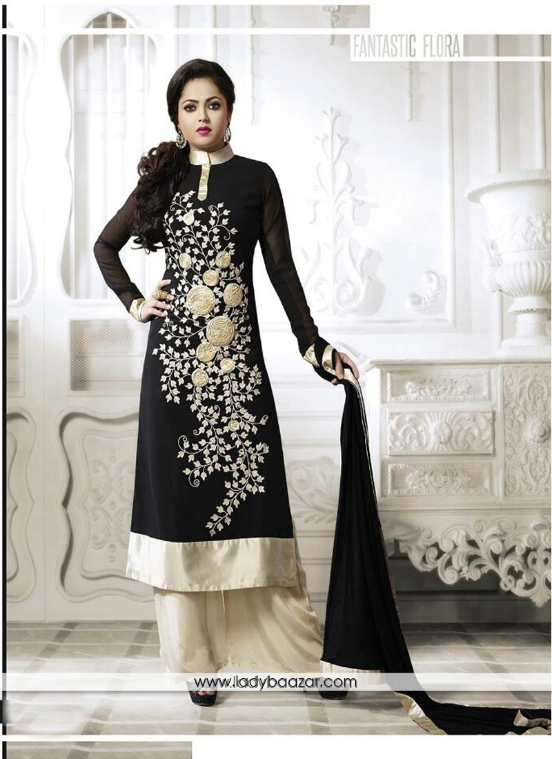 Arresting Black Embroidered Work Designer Palazzo Salwar Suit