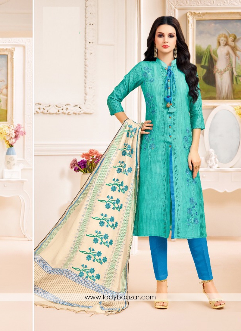 Arresting Chanderi Silk Printed Turquoise  Salwar Kameez