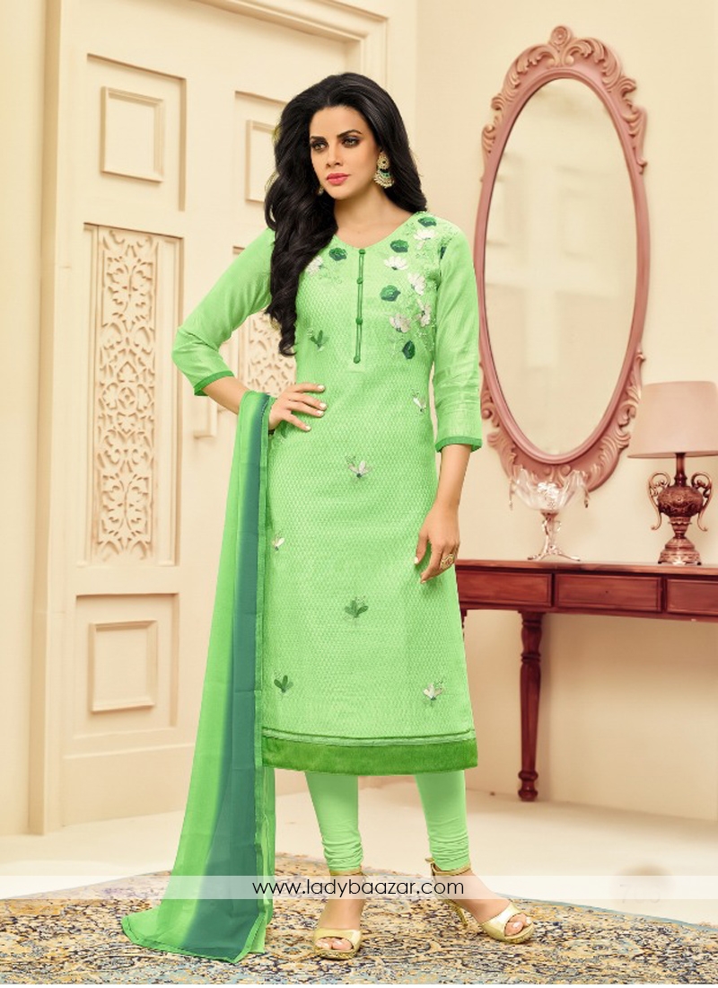 Arresting Green Chanderi Embroidery Work Straight Suit