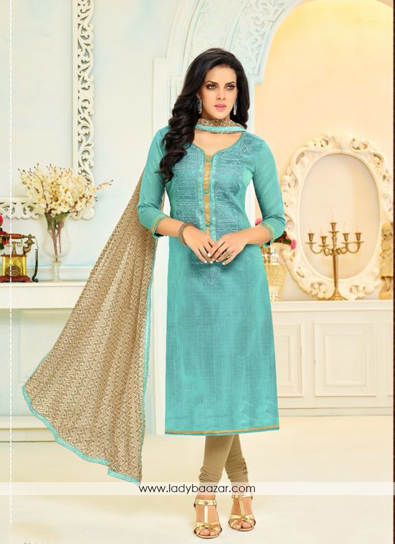 Arresting  Turquoise Chanderi Printed Salwar Suit