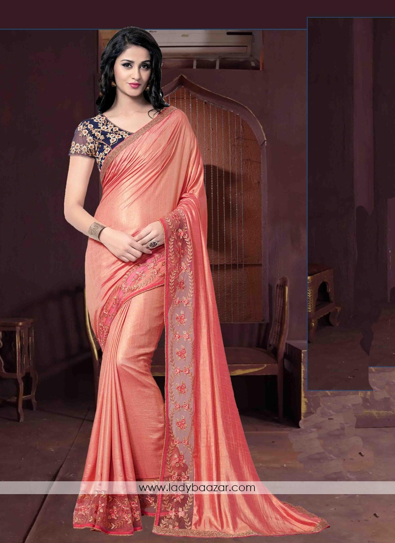 Artistic Peach  Embroidery  Work Silk Classic Saree