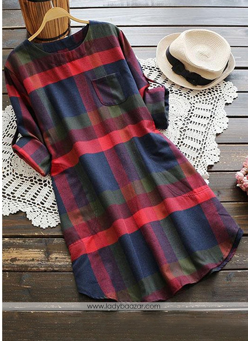 Rolled Sleeve Checked Dress With Chest Pocket