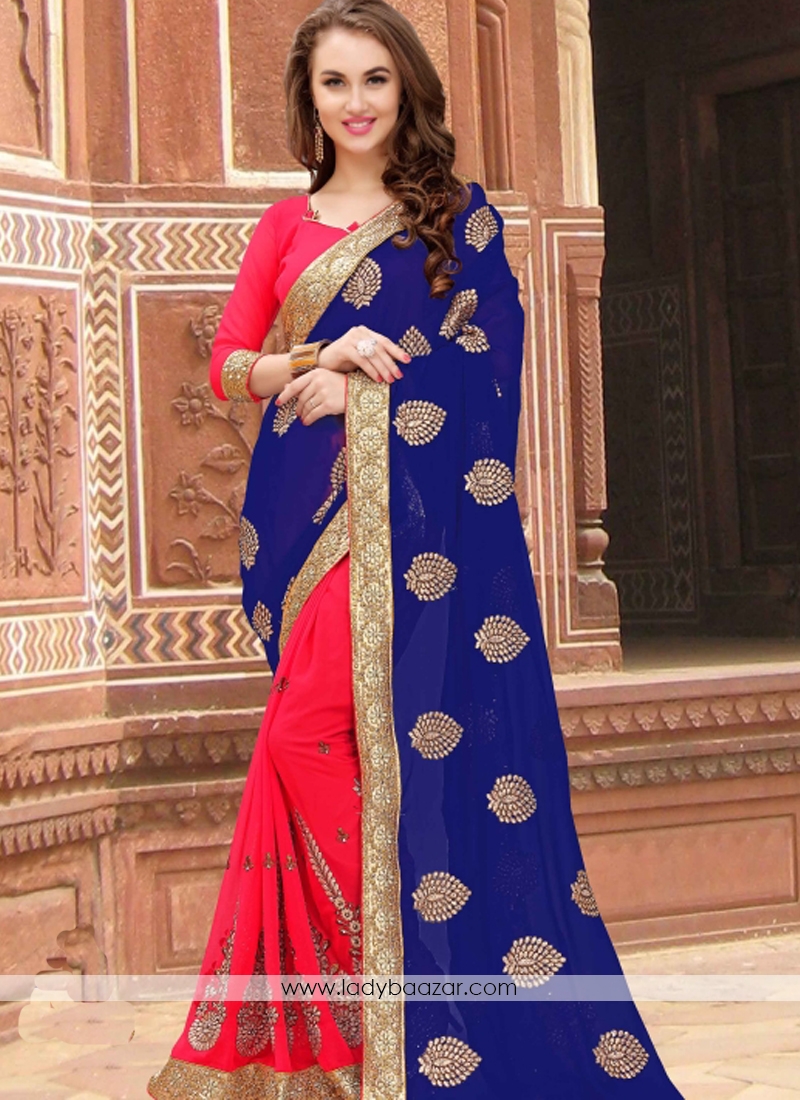 Aspiring Georgette Embroidery Work Half N Half Designer Saree