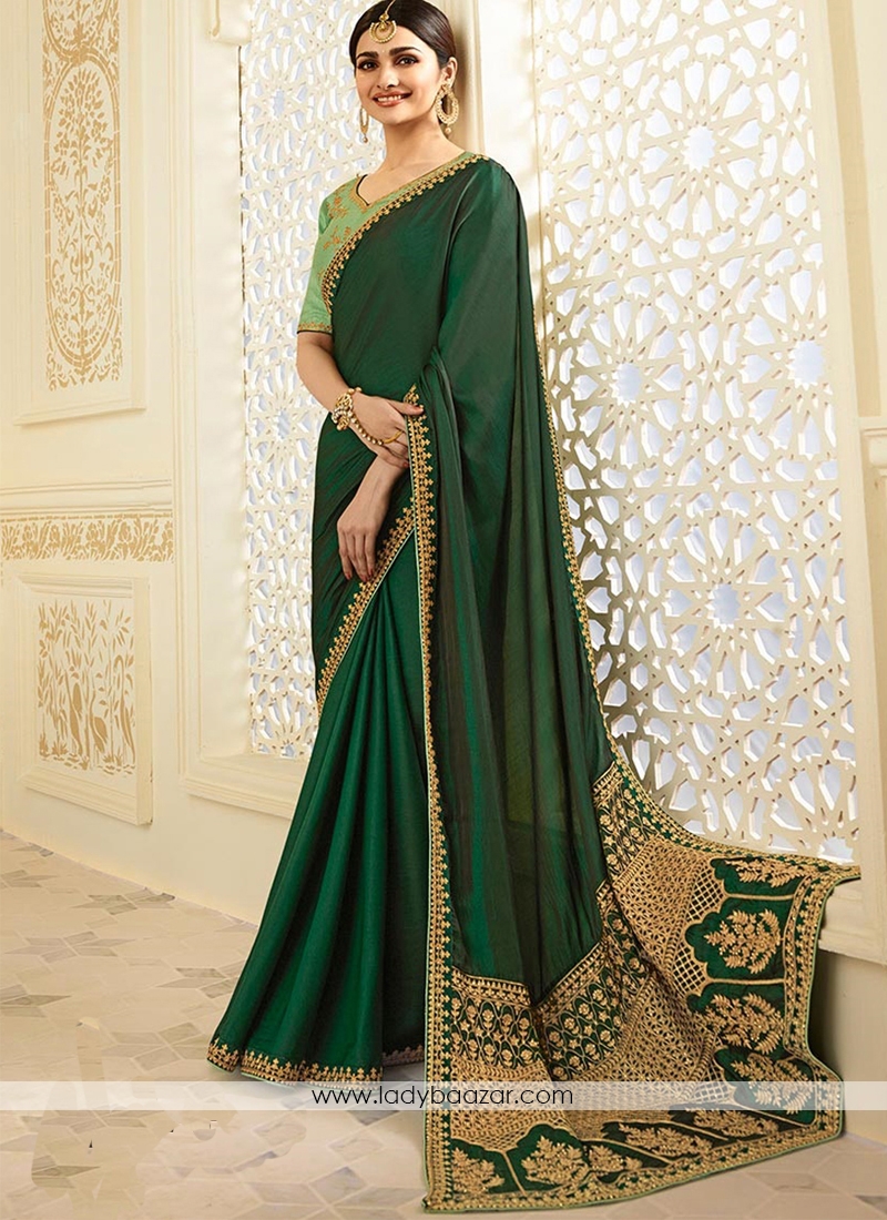 Aspiring Green Color Embroidery Work Calssic Saree