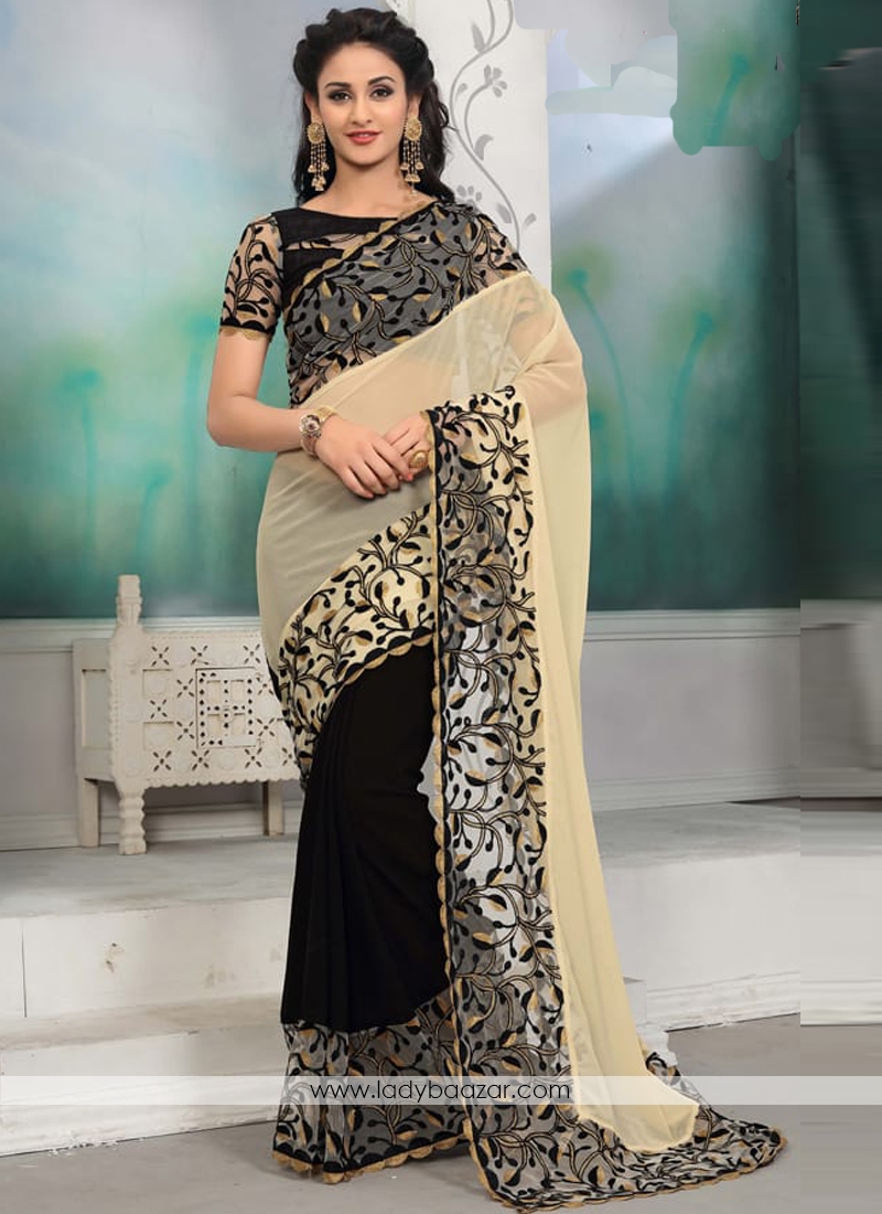 Astonishing Beige With Black Border Work Designer Half N Half Saree