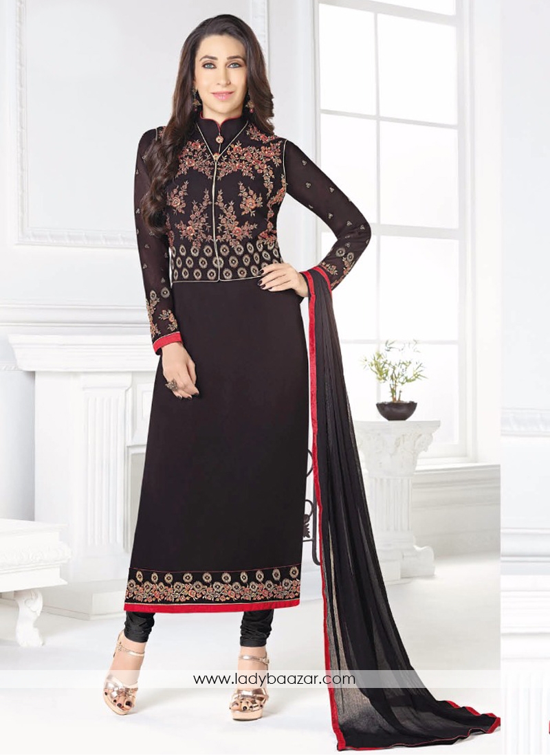 Astonishing Embroidery Black Georgette Straight Suit