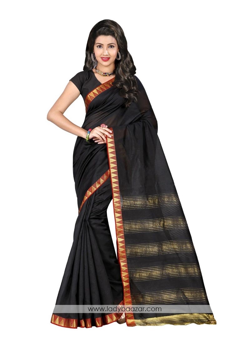 Attractive Black Color Cotton Silk Printed Saree