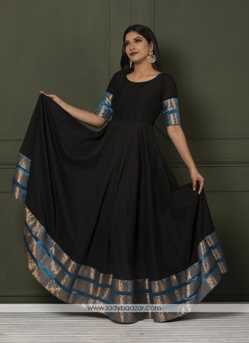 Attractive Black Colored Festive Wear Woven Tapetta Silk Gown