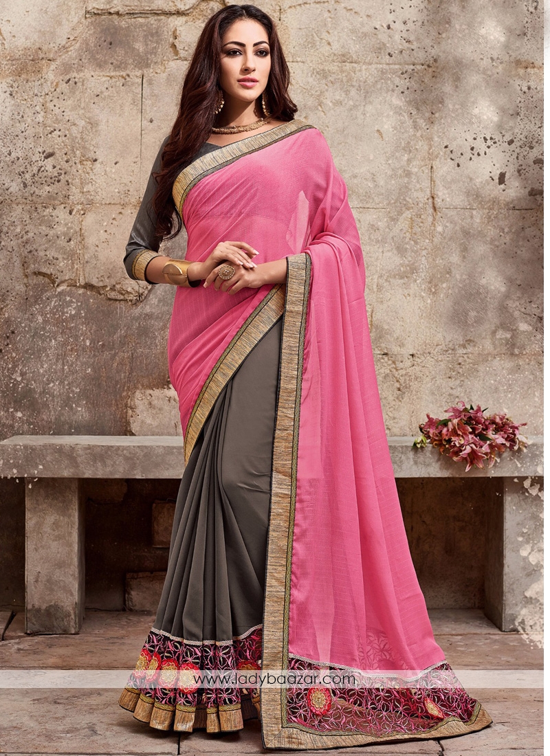 Attractive Embroidered Chiffon Satin Casual Saree