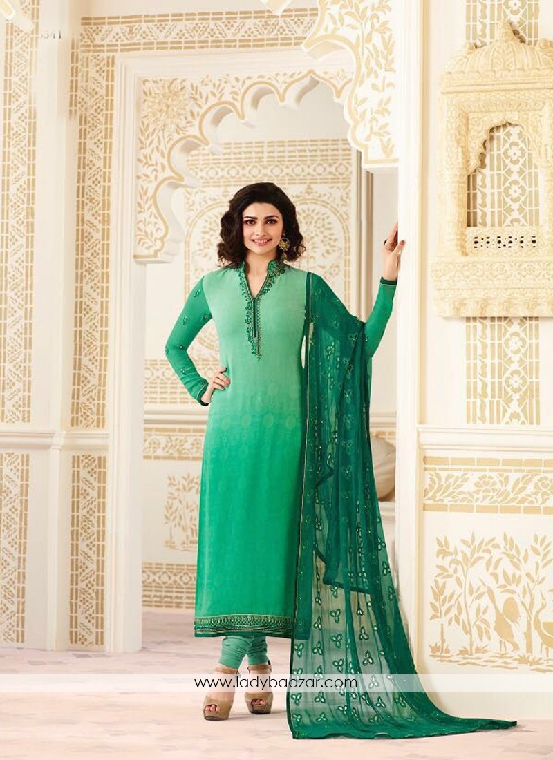 Attractive Green Georgette Printed With Embroidery Work Straight Salwar Suit