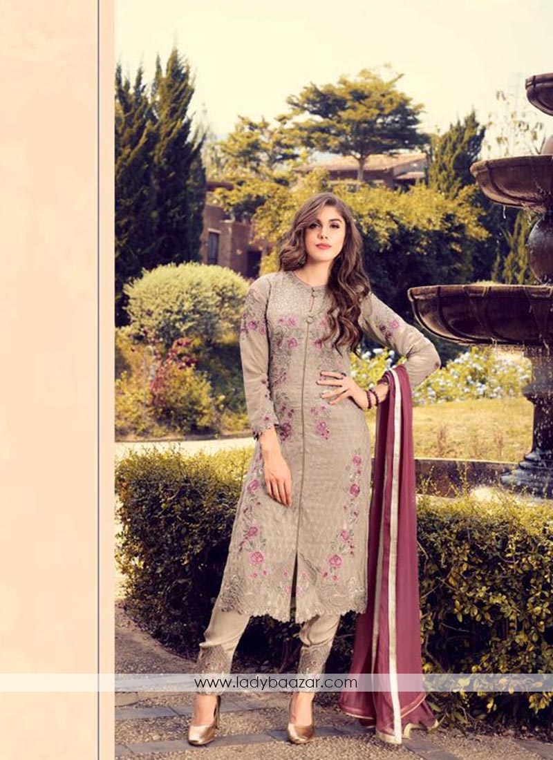 Attractive Grey Color Georgette Embroidery Work Pant Style Suit