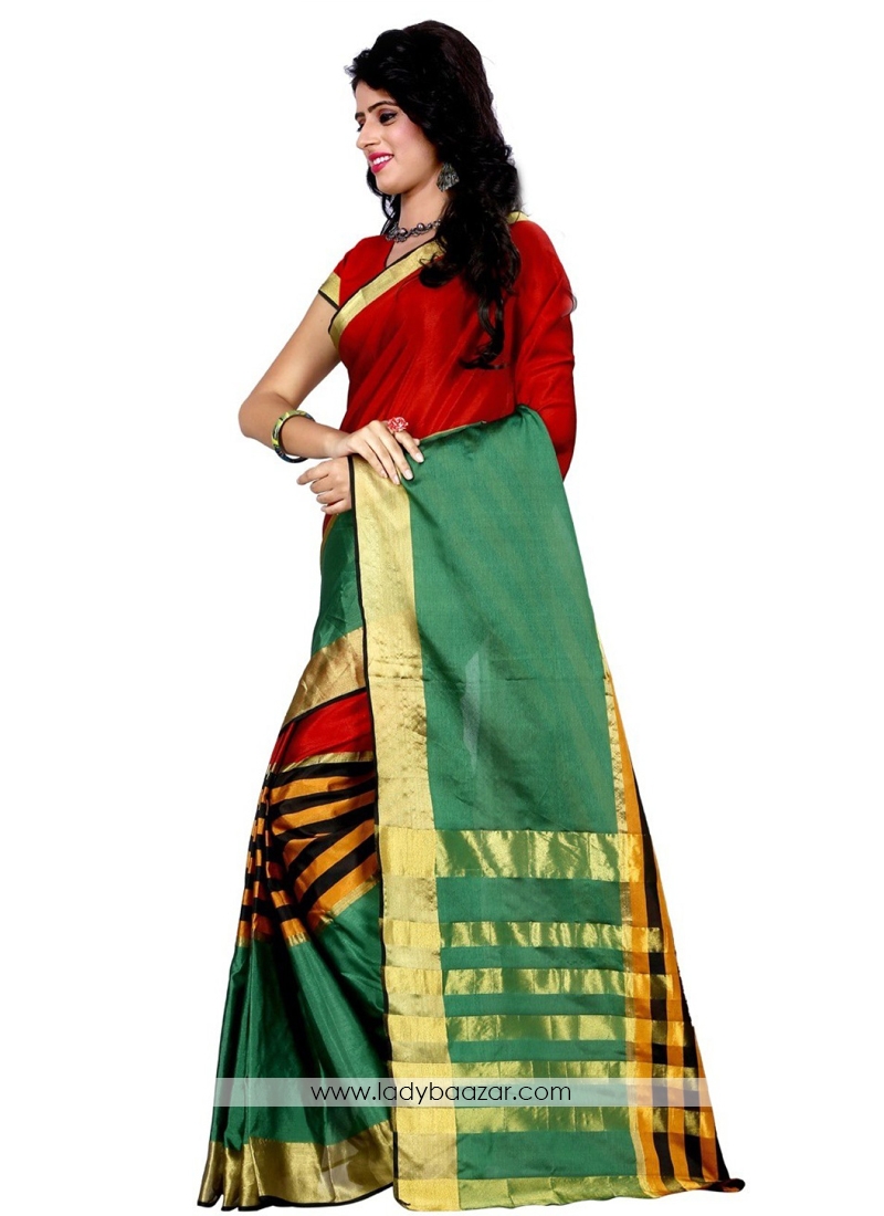 Attractive Red With Green Cotton Silk Casual Saree