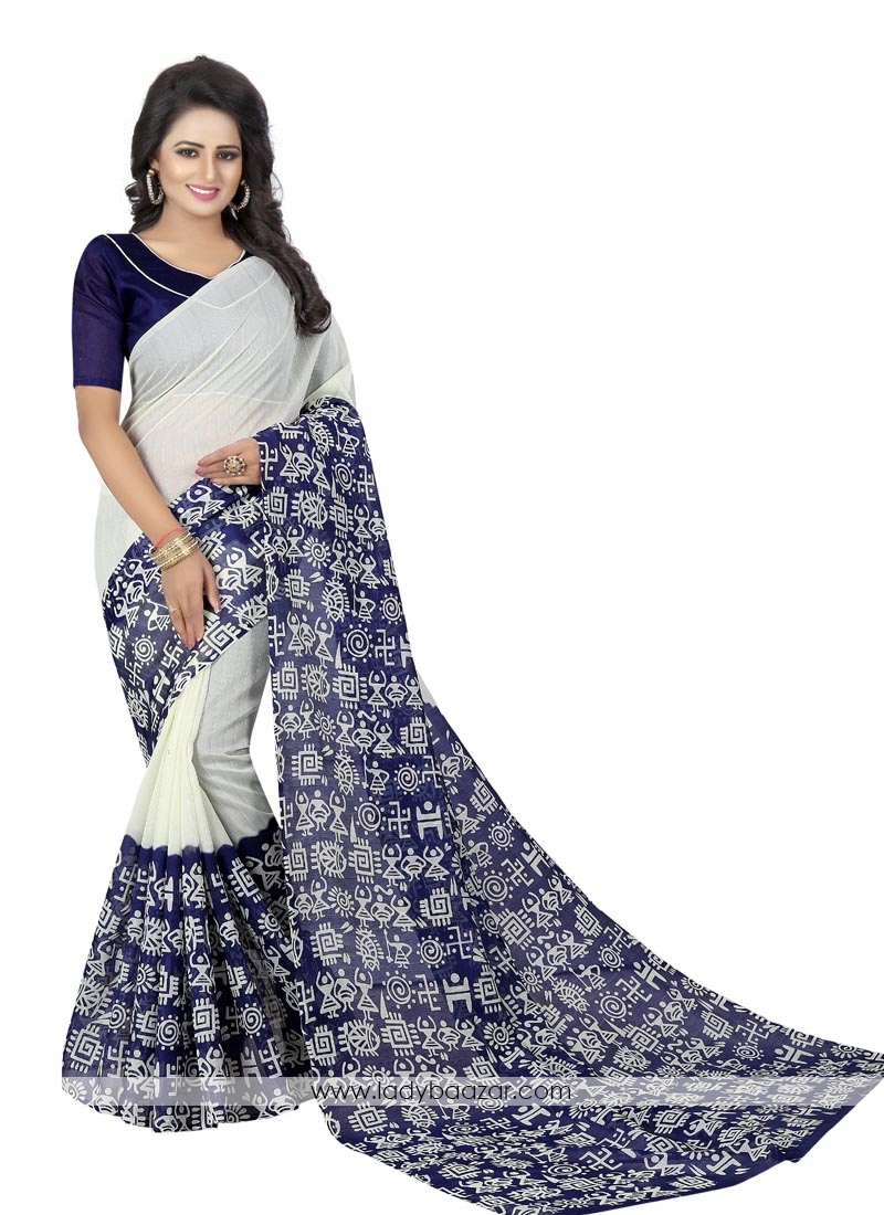 Attractive White N Blue Color Bhagalpuri Silk Saree