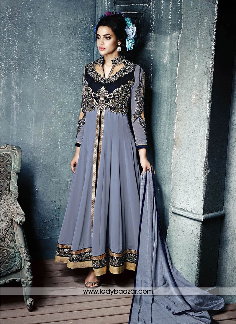 Attractive Zari Work Georgette Grey Anarkali Salwar Suit