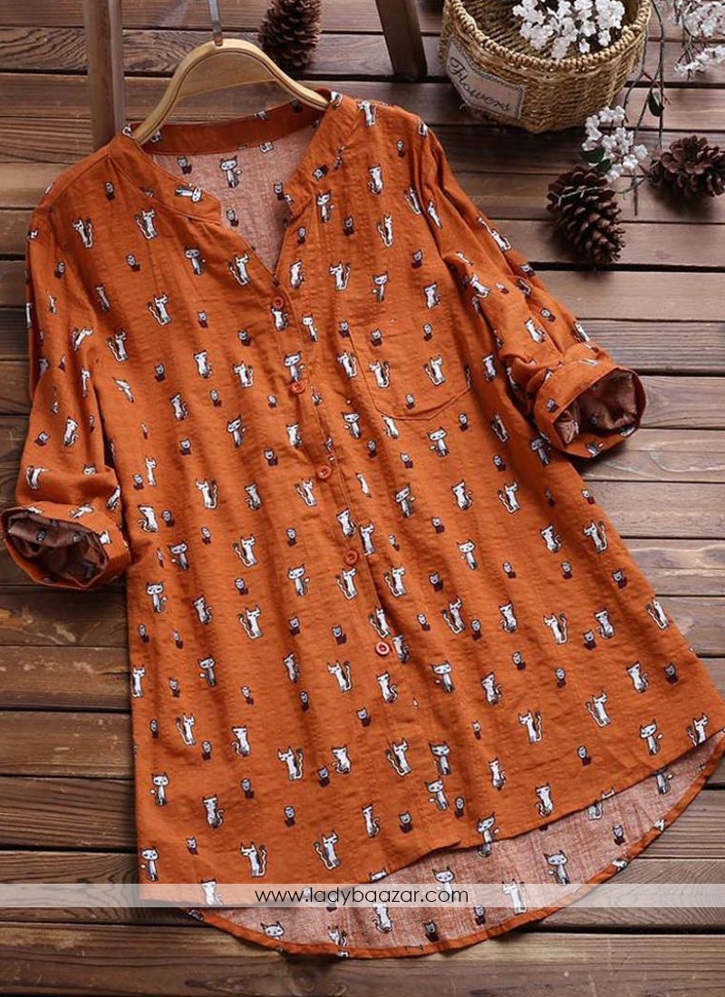 Auspicious Digital Print Orange Cotton Twill Western Ware