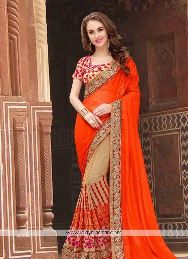 Auspicious Embroidered Work Georgette Half N Half Designer Saree