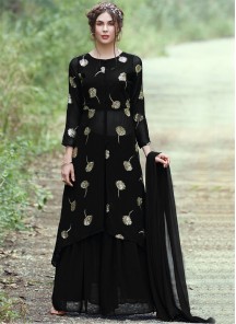 Awesome Black Georgette Zari Embroidered Skirt And Top Set