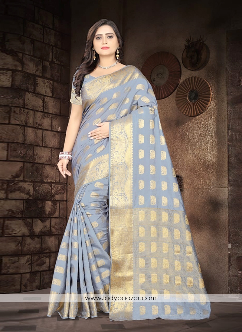 Banarasi Silk Grey Weaving Traditional Saree