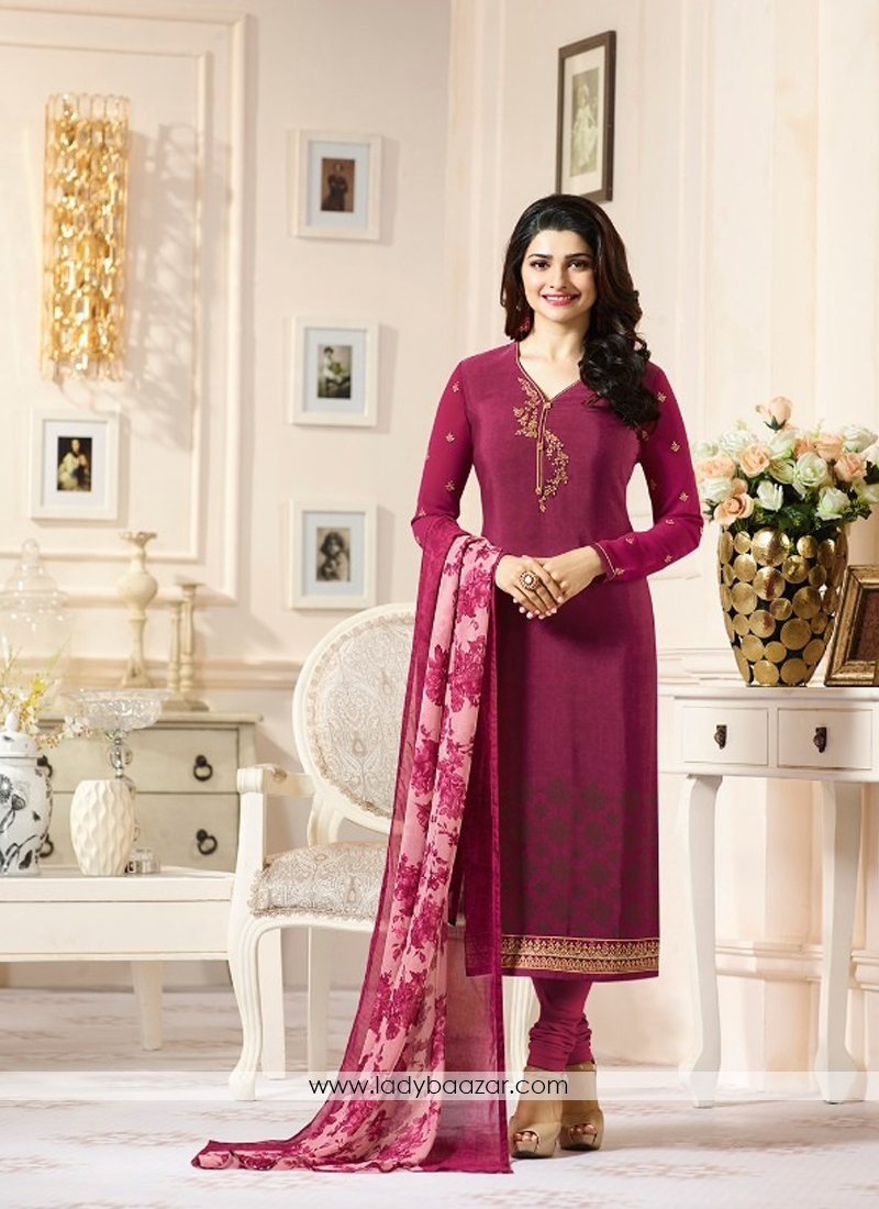 Baronial Maroon Embroidery Crepe Churidar Suit