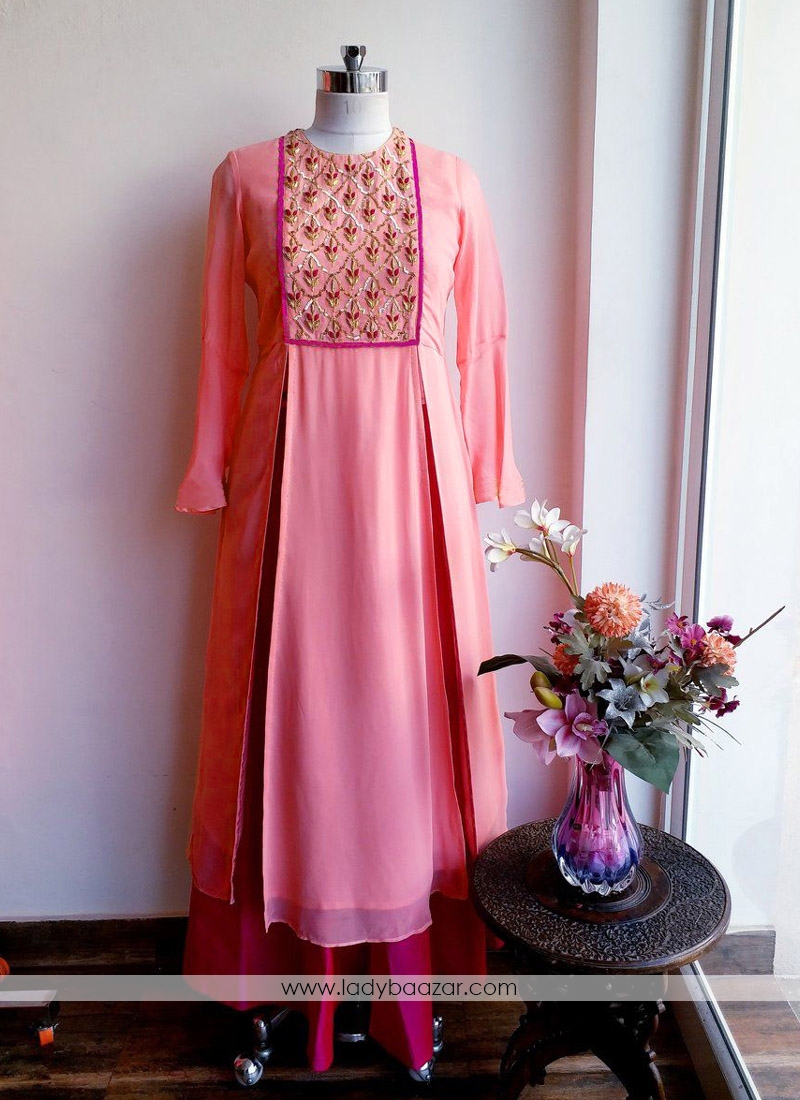 Baronial Peach Faux Georgette With Tapeta Silk Ghera Embroidered Designer Suit