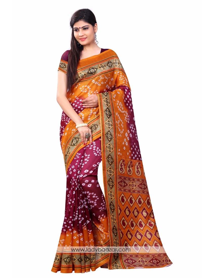 Beauteous Orange With Maroon Colour Printed Bandhani Saree