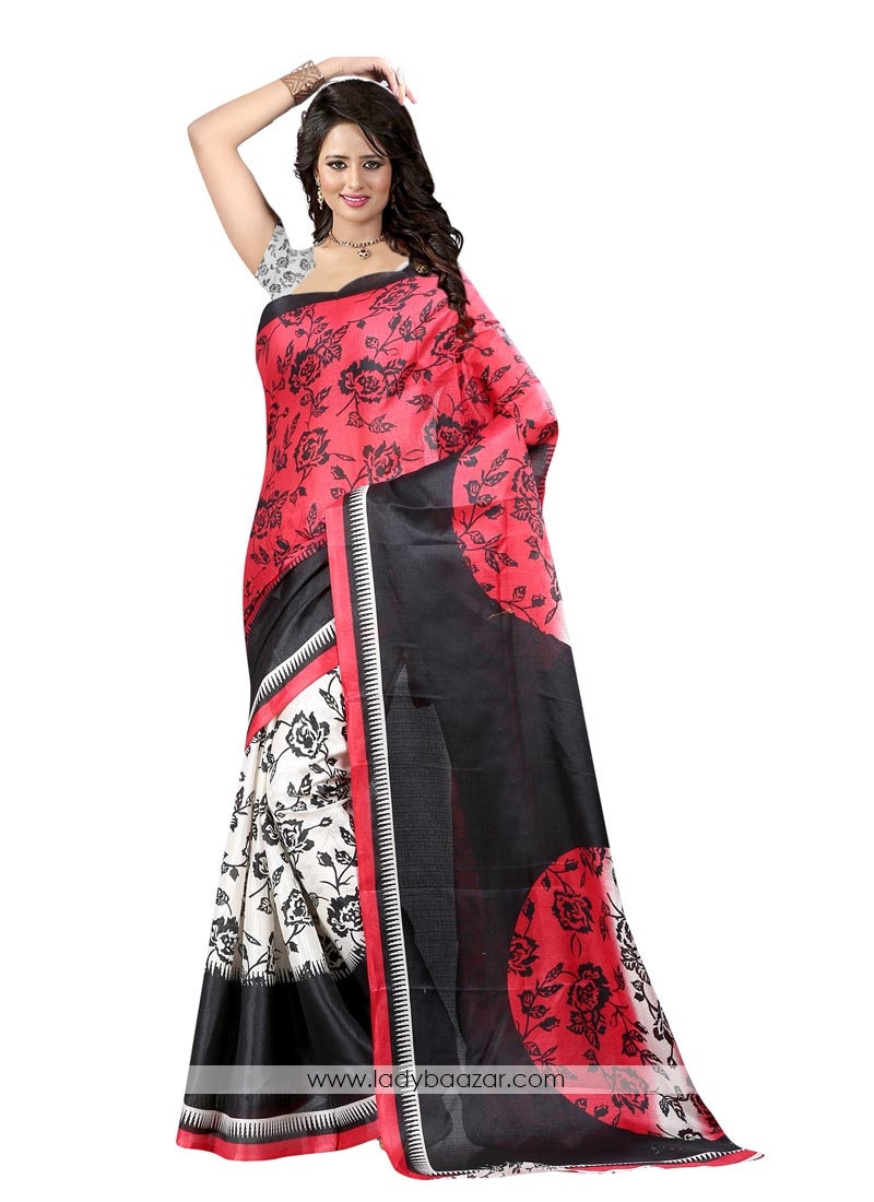 Beautiful Bhagalpuri Silk Pink With Red Printed Saree