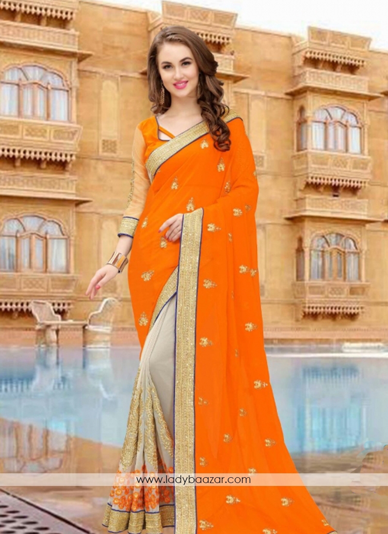 Beautiful Border Work Beige And Orange Half N Half Designer Saree