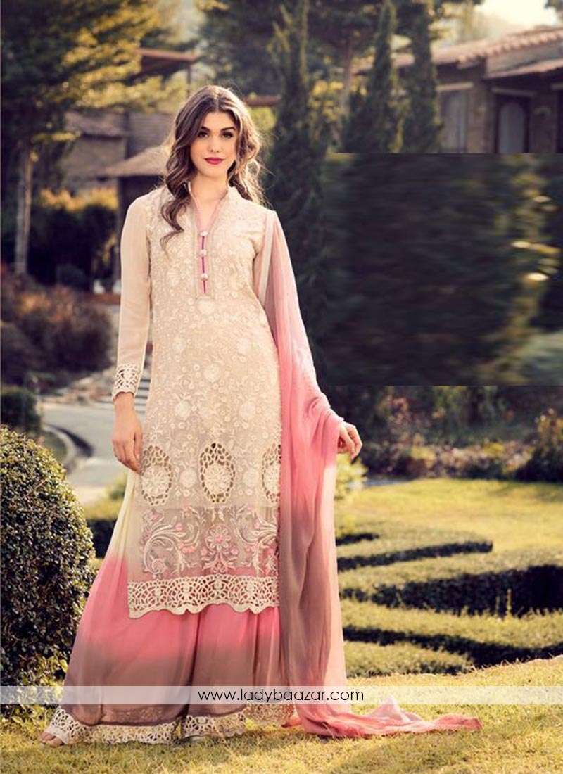 Beautiful Cream Georgette Embroidery Work Palazzo Style Salwar Suit