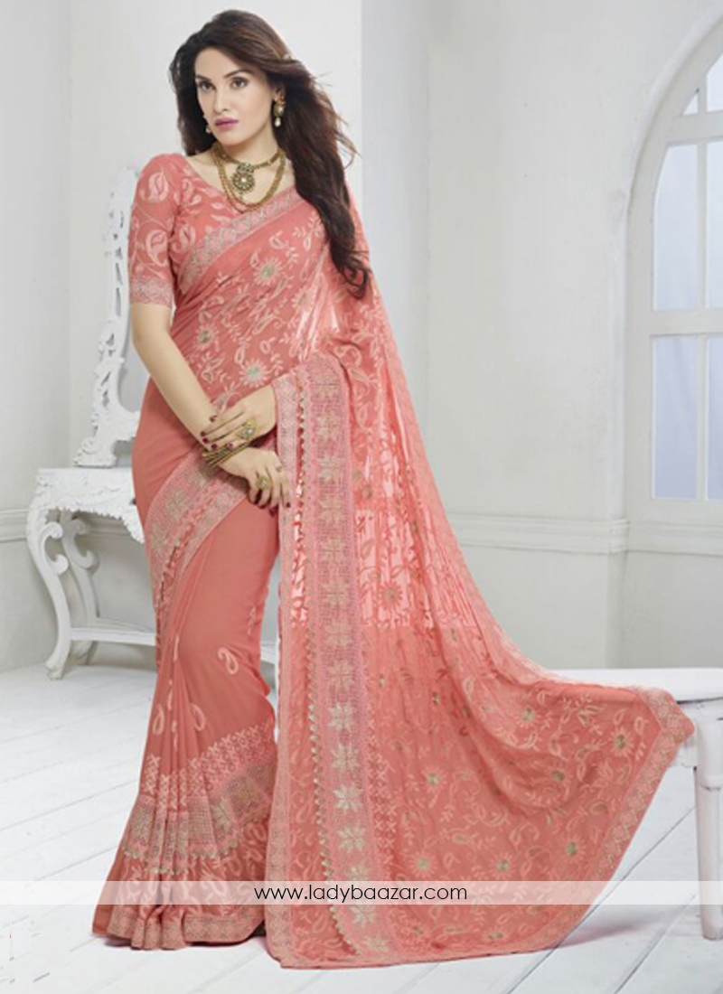 Beautiful Embroidery Work Orange Saree