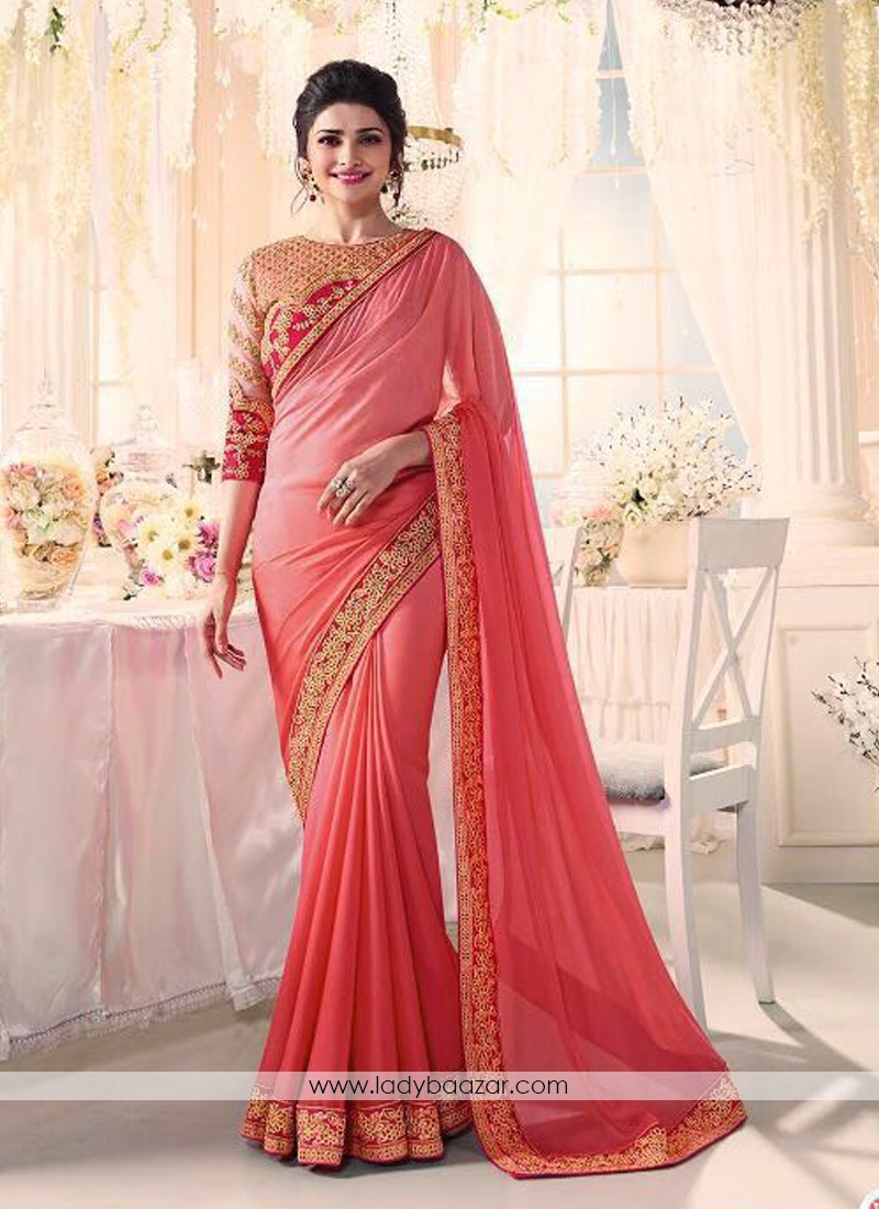 Beautiful Moss Chiffon Peach Embroidery Work Classic Saree