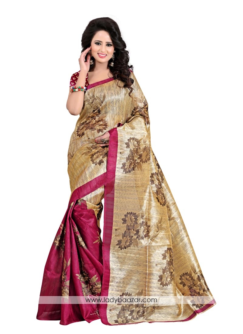 Beautiful Printed Cream With Pink Bhagalpuri SIlk Saree